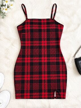SHEIN Red and Black Plaid Dress